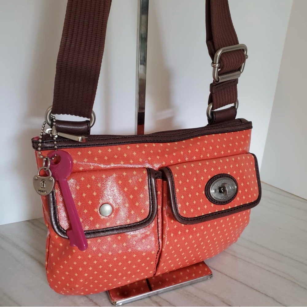 Fossil Key-Per Vintage Coated Orange Canvas Crossbody Bag Purse